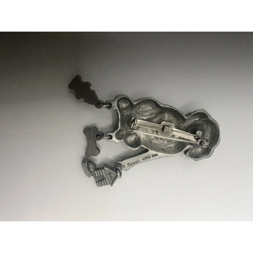 VINTAGE Pewter DOG BROOCH PIN Dangle CHARMS Doghouse Bone PUPPY Signed Spoon